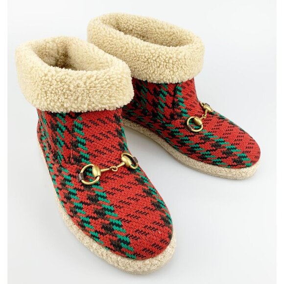 NIB Gucci Women Horsebit Houndstooth Wool Boots In Red SIze 39.5 - Picture 2 of 11